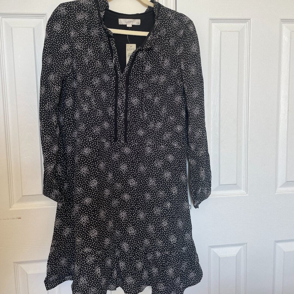 Ann Taylor Loft Womens Tunic Shift Dress Black White Long Sleeve, 14P